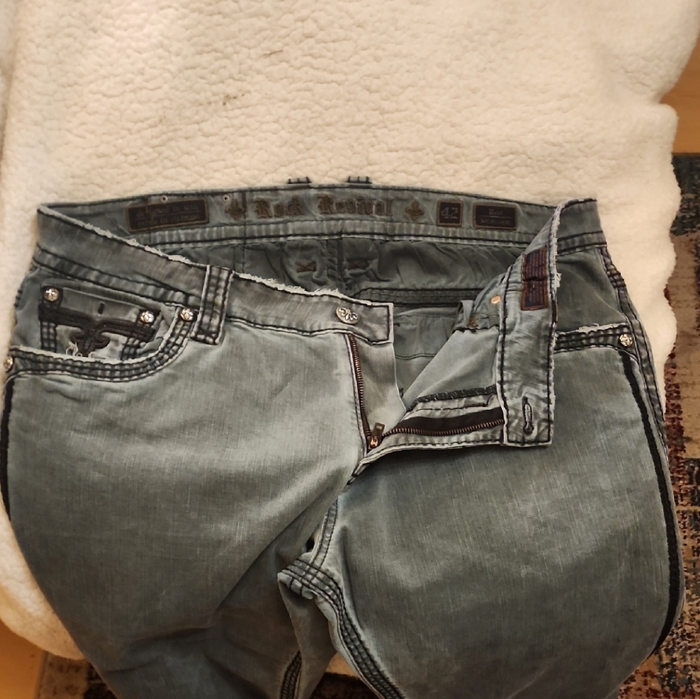 Rock Revival Gray Boot Cut Jeans with Black Embroidery - Picture 4 of 5